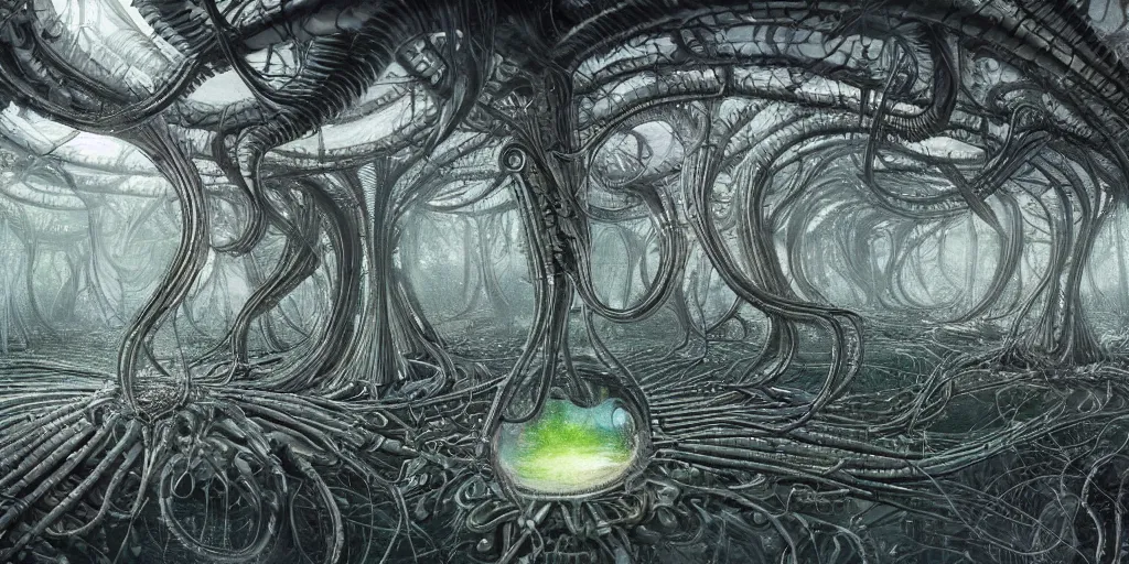 Image similar to an incredibly hyper realistic photorealistic organic world of irridescent creatures in the style of h. r. giger by dr. seuss warped around organic highly reflective mirrors erik johansson, cinematic colors, behance contest winner, global illumination, radiant light, detailed and intricate environment