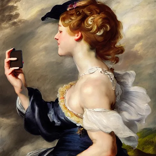 Image similar to heavenly summer sharp land sphere scallop well dressed lady taking a selfie with her iphone auslese, by peter paul rubens and eugene delacroix and karol bak, hyperrealism, digital illustration, fauvist, iphone