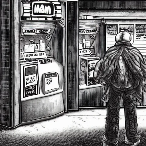 Prompt: a man inside of a gas station trying to buy a dinosaur, by kentaro miura