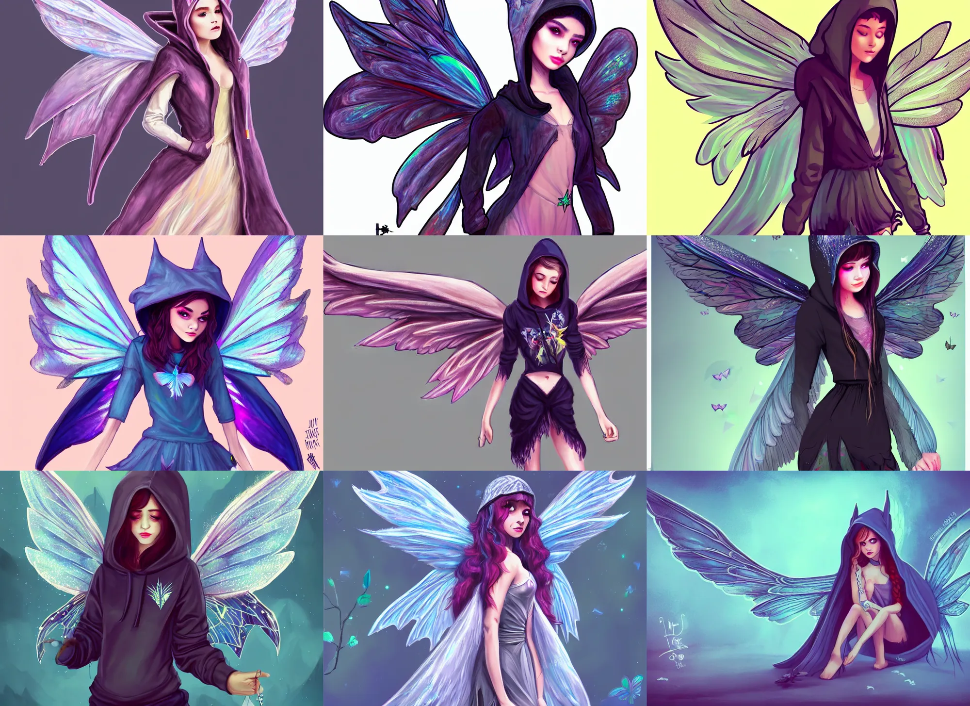 Image similar to a fairy with big wings wearing a hoodie, street fashion outfit, haute couture fashion shoot, fairy, d & d, fantasy sticker illustration, artstation