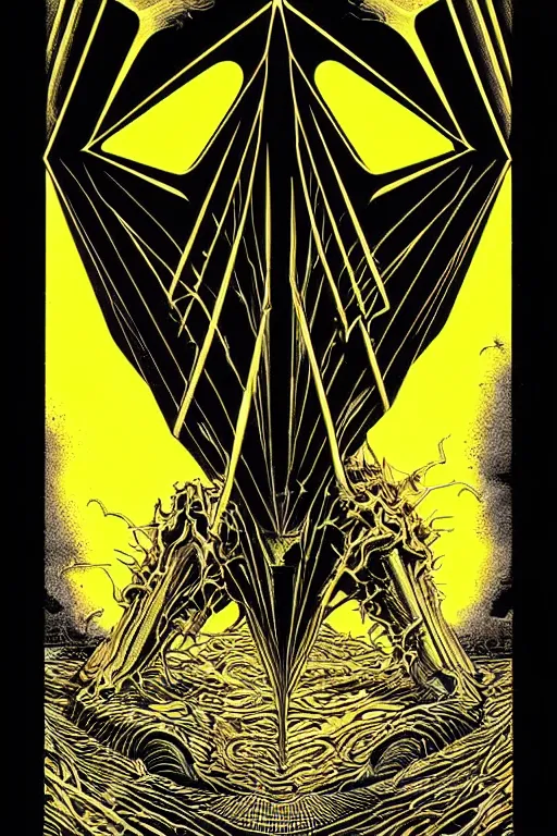 Image similar to portrait of black and yellow technicolor grainshading print by dan mumford, goblinko, richard corben, wayne barlowe, moebius, heavy metal comic cover art, psychedelic triangular skeleton, very intricate, thick outline, full body, symmetrical face, long black crown, in a shapes background, galactic dark colors