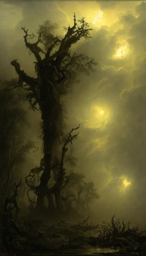 Image similar to a storm vortex made of many demonic eyes and teeth over a forest, by ivan aivazovski,