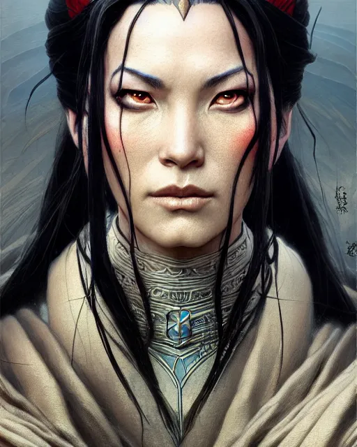 Image similar to azula from avatar the last airbender, character portrait, portrait, close up, concept art, intricate details, highly detailed by greg rutkowski, michael whelan and gustave dore