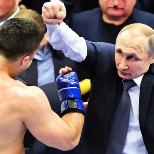 Prompt: Volodymyr Zelenskyj fighting Vladimir Putin in a wrestling match