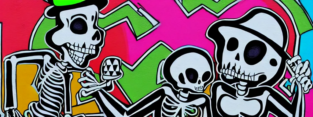 Prompt: ska skeleton and girlfriend, graffiti art, 80s checkerboard 666, digital art, chalk, ultra detailed by Tara McPherson and Gary Houston