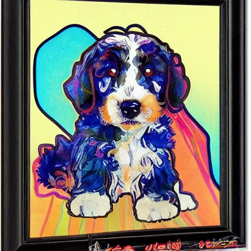 Image similar to cute, pop art style bernedoodle, watercolor painting, by alphonse mucha and william morris