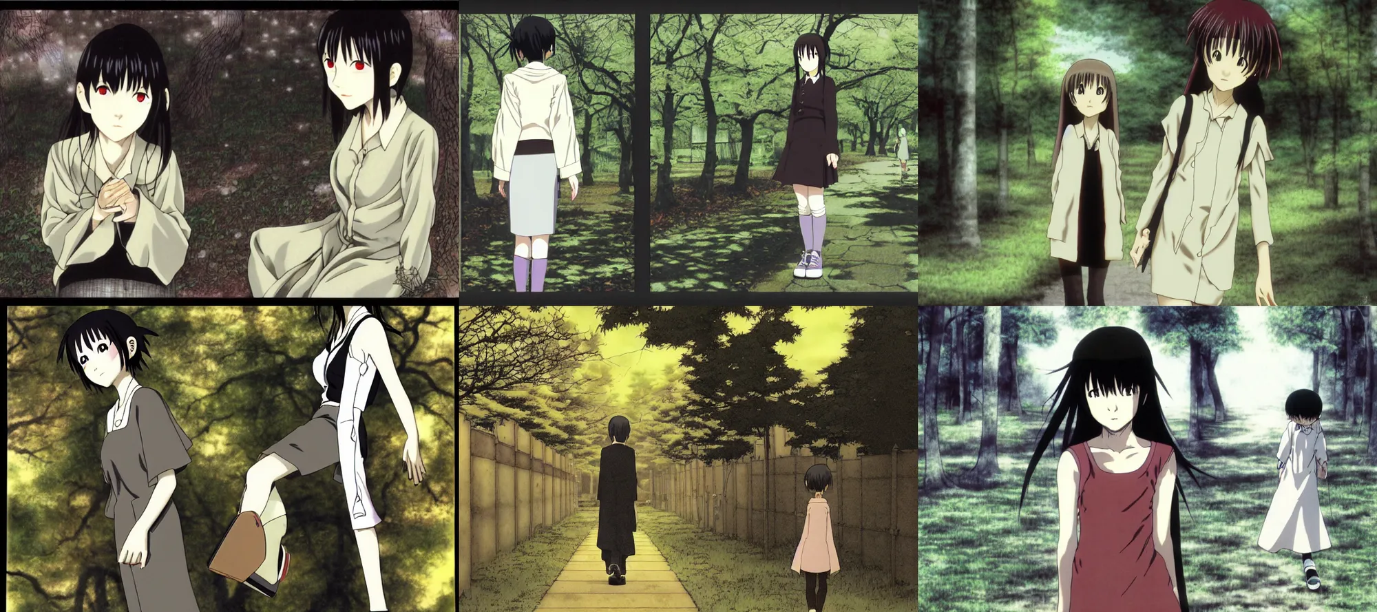 Prompt: lain iwakura a walk in the park, in the style of serial experiments lain, haibane renmei, niea 7, texhnolyze, despera, highly detailed. by yoshitoshi abe