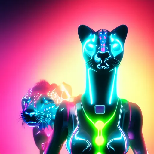 Prompt: a black cybernetic cheetah with neon blue and neon pink spots, octane render, trending on artstation, digital art, 4k, high detail, cinematic, cinematic lighting, high detail, realistic, fantasy,