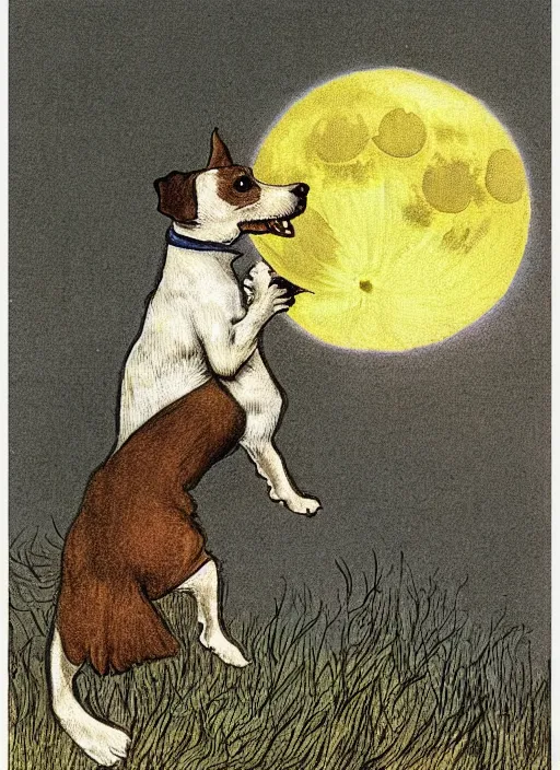 Prompt: candid portrait of a jack russel terrier howling up at the yellow moon, illustrated by peggy fortnum and beatrix potter and sir john tenniel