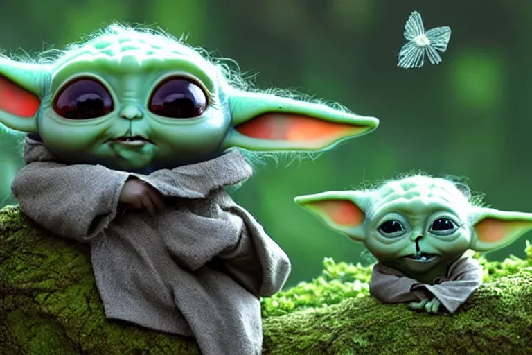 Prompt: an extremely cute (Baby Yoda) sits on a lichen covered ancient bolder, Baby Yoda is burping out of his mouth lots of tiny iridescent bubbles with tinier butterflies inside that float around Baby Yoda's head some bubbles pop and the butterflies fly away, surprising, funny, self deprecating, movie still frame, promotional image, Imax 70 mm footage