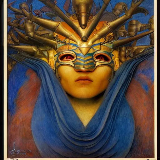 Image similar to the bird queen with her robot mask, by annie swynnerton and diego rivera and elihu vedder and jean delville, symbolist, dramatic lighting, elaborate geometric ornament, head and shoulders view, art brut, soft cool colors, smooth, sharp focus, extremely detailed, adolf wolfli, donato giancola