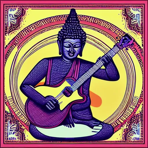 Prompt: buddha playin guitar with his band. symmetrical anatomy, very detailed design, complexity of the picture, with pop punk style, colorful, accompanied by body, pure image without duplication, trending dribble, drawn by vinicius gud and gustavo zambelli