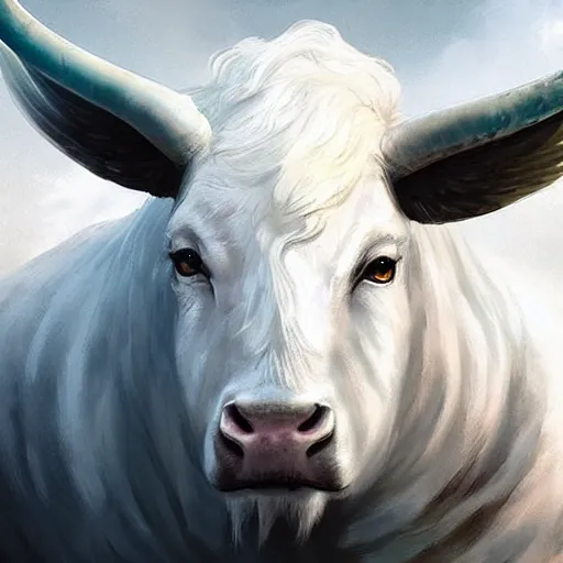 Image similar to a white bull with angelic wings, epic fantasy digital art, fantasy style art, by Greg Rutkowski, fantasy hearthstone card art style