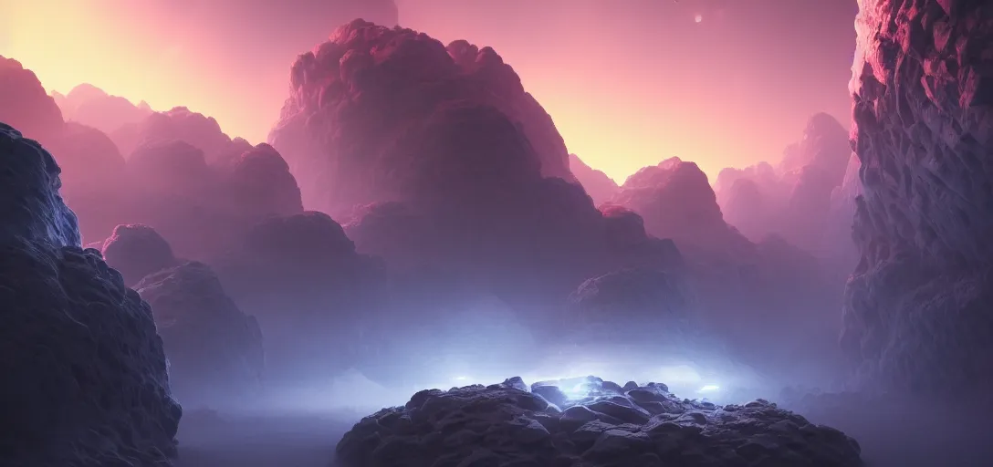 Prompt: dramatic view of an alien planet, giant crystallized rocks, glowing crystals, fog, dramatic lighting, ultra detailed, sharp, ambient occlusion, bloom, raytracing, vibrant, vivid colors, 3 d artstation render, cgsociety, by dylan cole and jordan grimmer