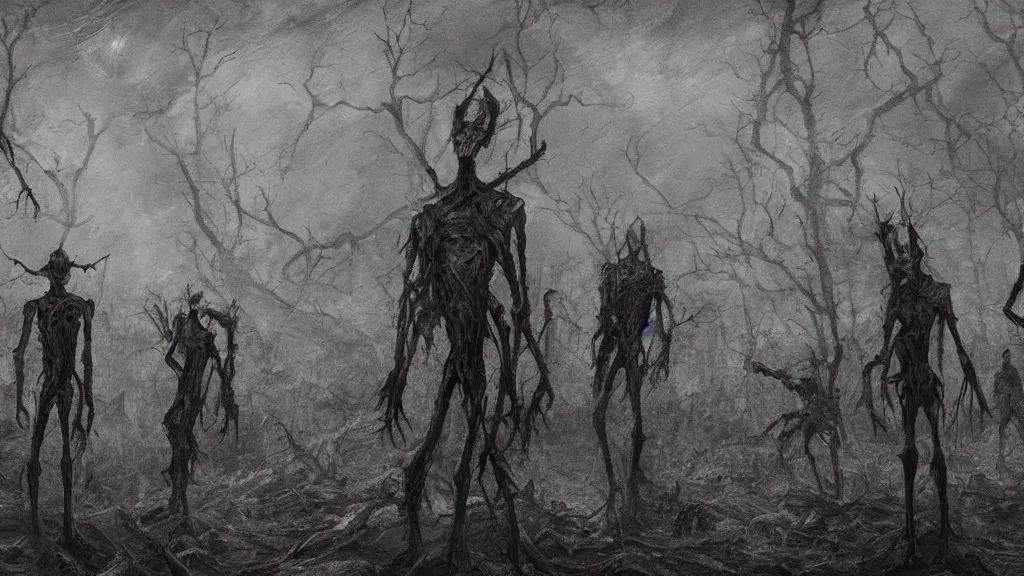 Image similar to dark detailed landscape, chilling overwhelming blood oil painting, brutal fantasy hell of unknown creatures, dreadful and creepy lifeless skinny slendermen