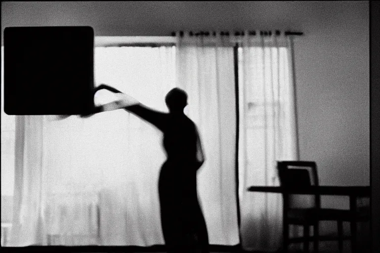 Image similar to backlit photograph of black box pouring energy into suburban room, silhouetted figure, crisp focus, 3 5 mm ektachrome