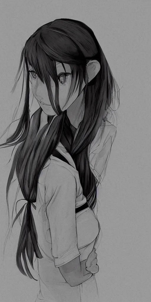 Prompt: potrait of a schoolgirl in a classroom mirror, digital art, anime style, 8 k, black and white
