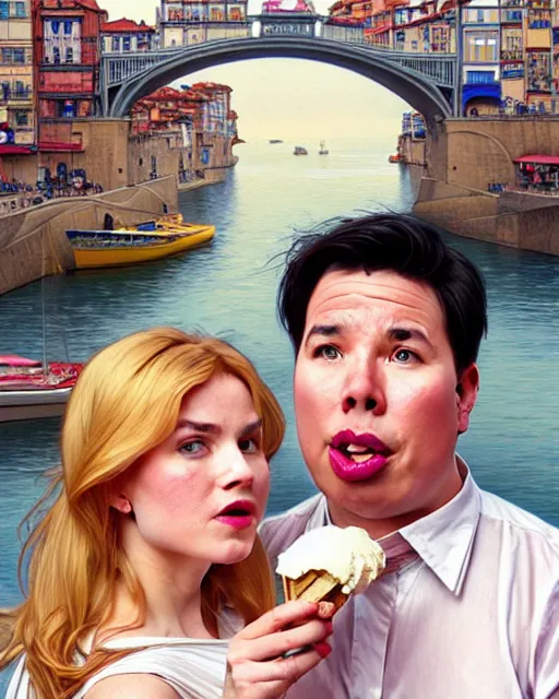 Image similar to Portrait of Michael Mcintyre & blonde actress with big lips eating ice creams in Porto,real life skin, intricate, elegant, highly detailed, artstation, concept art, smooth, sharp focus, art by artgerm and greg rutkowski and alphonse mucha