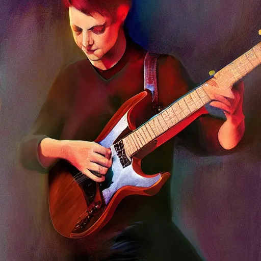 Prompt: portrait of a robert palmer model playing guitar, D&D, beautiful, realistic, cinematic lighting, fantasy digital painting