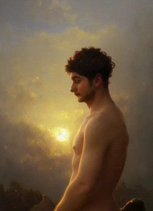 Image similar to oil painting of a handsome young man with dark hair, wearing a crown of fire!! at sunset, hazy, digital art, chiaroscuro, artstation, cinematic, golden hour, digital art painting by greg rutkowski, william - adolphe bouguereau, hazy atmosphere, cinematic lighting