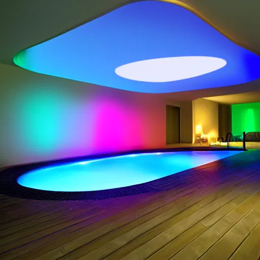 Image similar to philips hue led strip lighting, swiming pool, scene, colourful, 8 k, unreal engine, realistic, house and home,