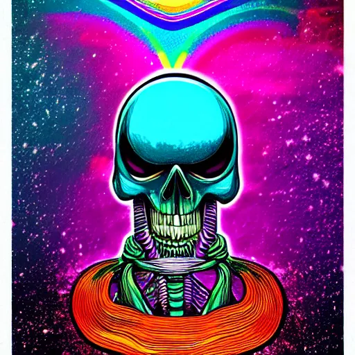 Prompt: space grim reaper skeleton wearing sun glasses melting, complex wavy rainbow lines, particals and distortion, in the style of Ori Toor