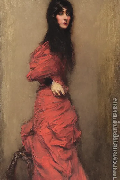 Image similar to Solomon Joseph Solomon and Richard Schmid and Jeremy Lipking victorian genre painting full length portrait painting of a young beautiful woman victorian socialite , red background