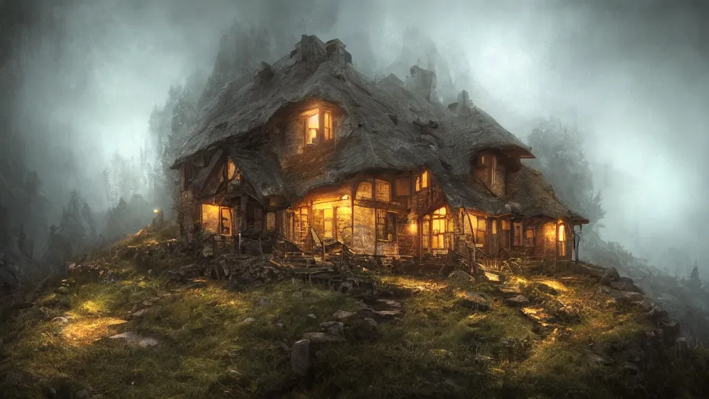 Prompt: A dark decrepit cottage on a mountaintop at night, by Bastien LeCouffe-Deharme, hyperrealistic, V-Ray 8k UHD