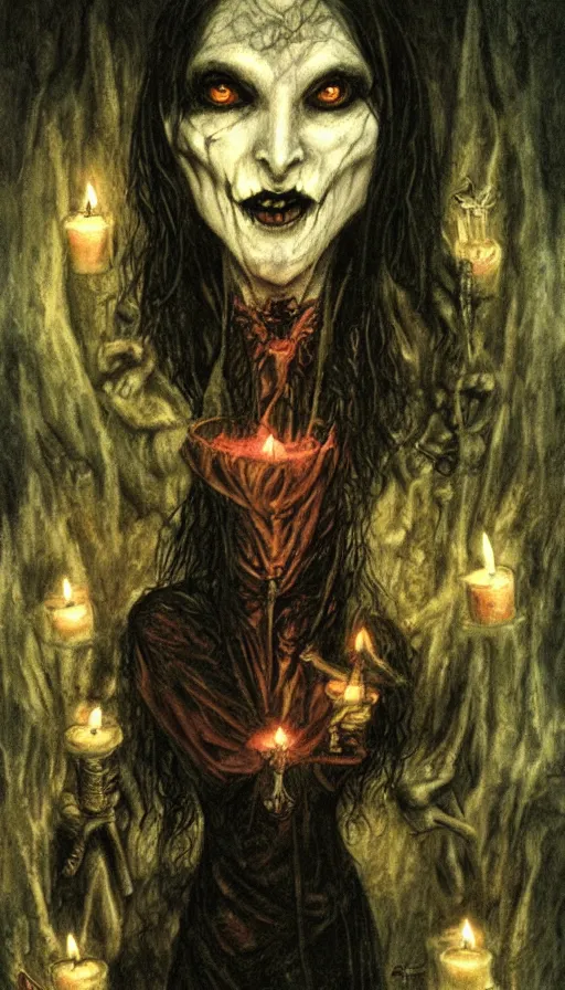 Image similar to carmilla vampire, gothic horror, by brian froud, candlelit catacombs