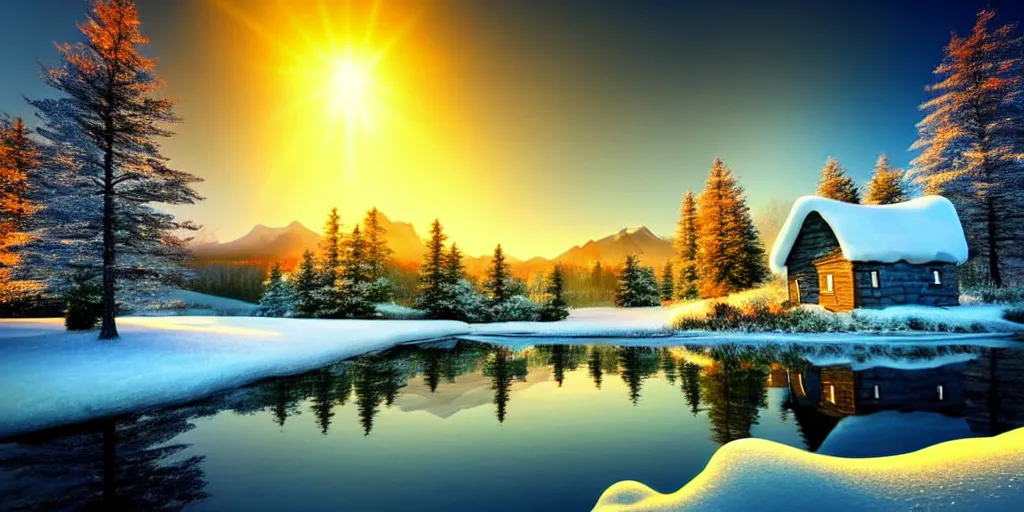 Image similar to a beautiful fantasy landscape, snowy mountain in background, little cottage, small pond, some trees in the corner, sunrise.
