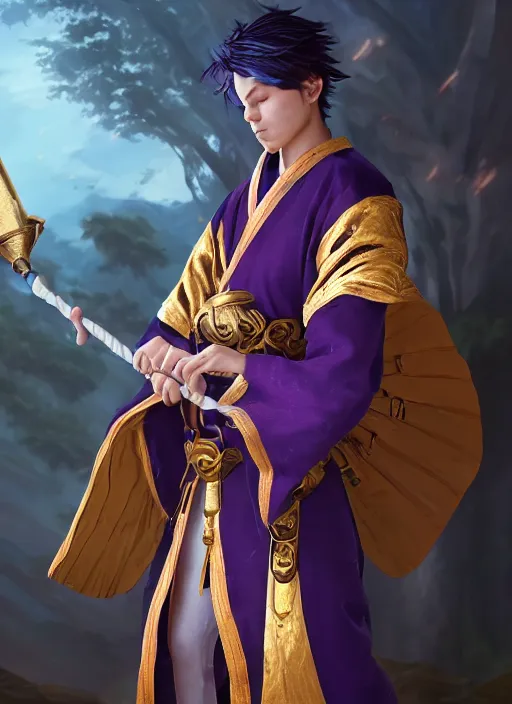 Image similar to An epic fantasy portrait painting of teenager boy with straight indigo hair, purple eyes with red eye markers, slim body, wearing a detailed Japanese kimono with golden armor pieces, holding japanese fan. Unreal 5, 8k, DAZ, hyperrealistic, octane render, studio Ufotable, Demon Slayer artstyle, cosplay, RPG portrait, dynamic lighting