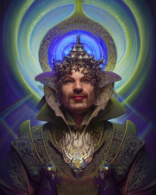 Image similar to front shot of a court jester character, hyperdimensional, bioluminescent ethereal hypercubes, ((intricate)), elegant, highly detailed, centered, (((artstation, concept art, smooth, sharp focus, artgerm, Tomasz Alen Kopera, Peter Mohrbacher, donato giancola, Joseph Christian Leyendecker, WLOP, Boris Vallejo))), mugshot!!!!!, ugly!!!!!!, octane render, nvidia raytracing demo, grainy, muted