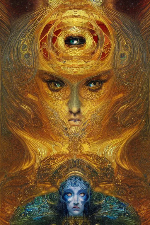 Prompt: Divine Chaos Engine by Karol Bak, Jean Deville, Gustav Klimt, and Vincent Van Gogh, sacred geometry, visionary, mystic, spiritual, fractal structures, ornate gilded medieval icon, third eye, spirals