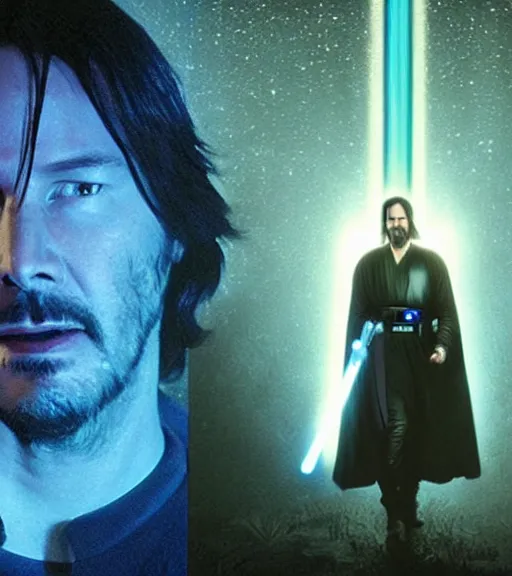 Image similar to keanu reeves as a jedi master with a blue lightsaber fighting a sith lord in an ancient bioluminescent forest, perfect symmetrical face, full moon, moody lighting, 8 k, shallow depth of field, intricate detail,