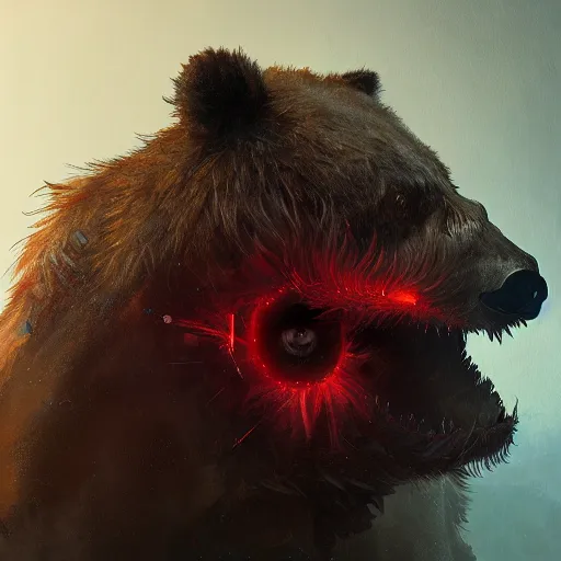 Image similar to realistic portrait of a grox from spore, red furry cyborg creature with one robotic eye, head of a bear, pointy ears, dramatic lighting, illustration by greg rutkowski, yoji shinkawa, 4 k, digital art, concept art, trending on artstation