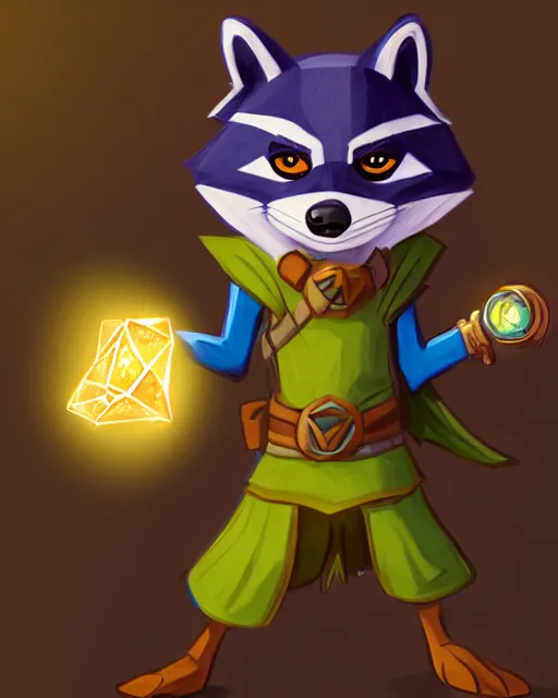 Prompt: highly detailed digital illustration portrait of sorcerer sly cooper raccoon holding a magical glowing gemstone in a crystal cave, action pose, d & d, magic the gathering, criag mullins, artgerm, wlop, disney, pixar,