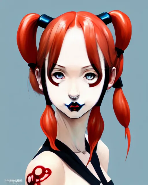 Image similar to portrait Anime as modern harley-quinn character girl cute-fine-face, brown-red-hair pretty face, realistic shaded Perfect face, fine details. Anime. hair-pigtails, clown black-red outfit realistic shaded lighting by Ilya Kuvshinov katsuhiro otomo ghost-in-the-shell, magali villeneuve, artgerm, rutkowski, WLOP Jeremy Lipkin and Giuseppe Dangelico Pino and Michael Garmash and Rob Rey