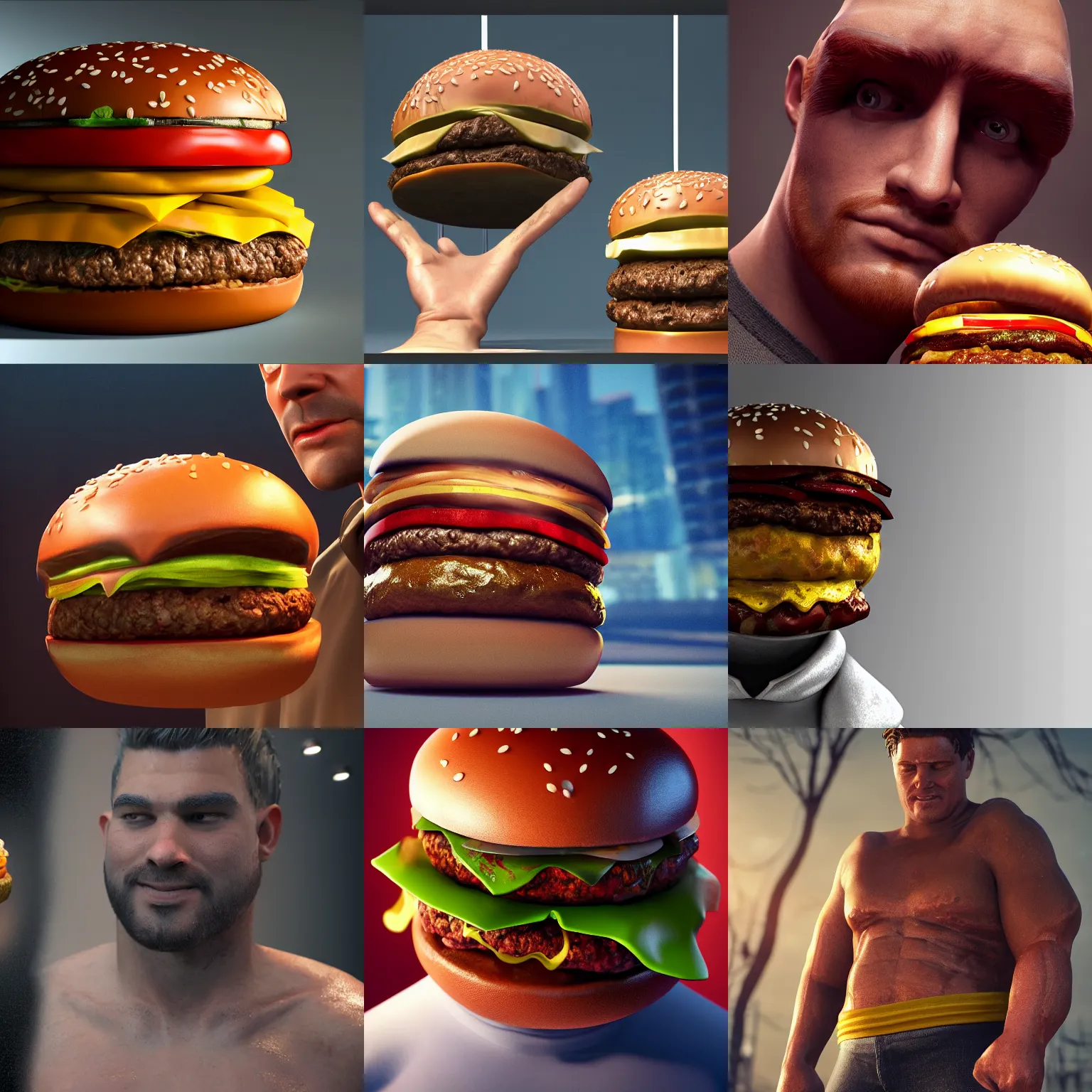 Prompt: a man that is half human and half Big Mac hamburger, trending on Artstation, 8k, photorealistic, hyper detailed, unreal engine 5, IMAX quality, cinematic, epic lighting