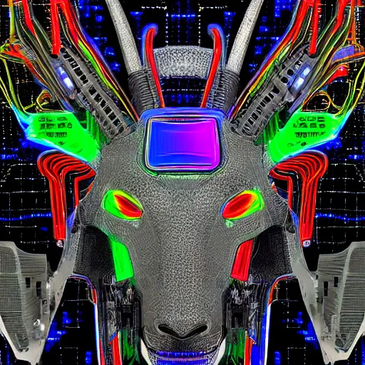 Image similar to cybernetic evil goat head merged with complex circuitry and machinery, multicolored, giger