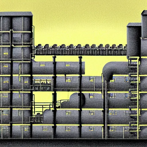 Prompt: HPLC manufacturing plant ambient atmospheric, complex conveyor-roller-belt system colored matte black, cinematic, surreal, neon chalk palettes, Pixar cartoon, awesome art by MC Escher