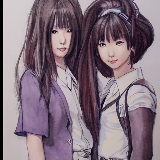 Image similar to a perfect, realistic professional concept sketch of two Japanese schoolgirls posing, in style of Marvel, full length, by pen and watercolor, by a professional American senior artist on ArtStation, a high-quality hollywood-style sketch, on high-quality paper