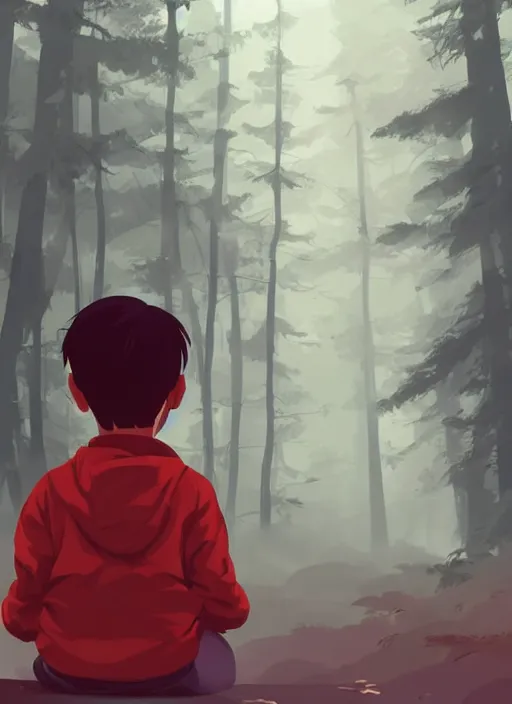 Prompt: a little boy with red hair sits peacefully in a misty forest. clear detailed face. clean cel shaded vector art. shutterstock. behance hd by lois van baarle, artgerm, helen huang, by makoto shinkai and ilya kuvshinov, rossdraws, illustration, art by ilya kuvshinov