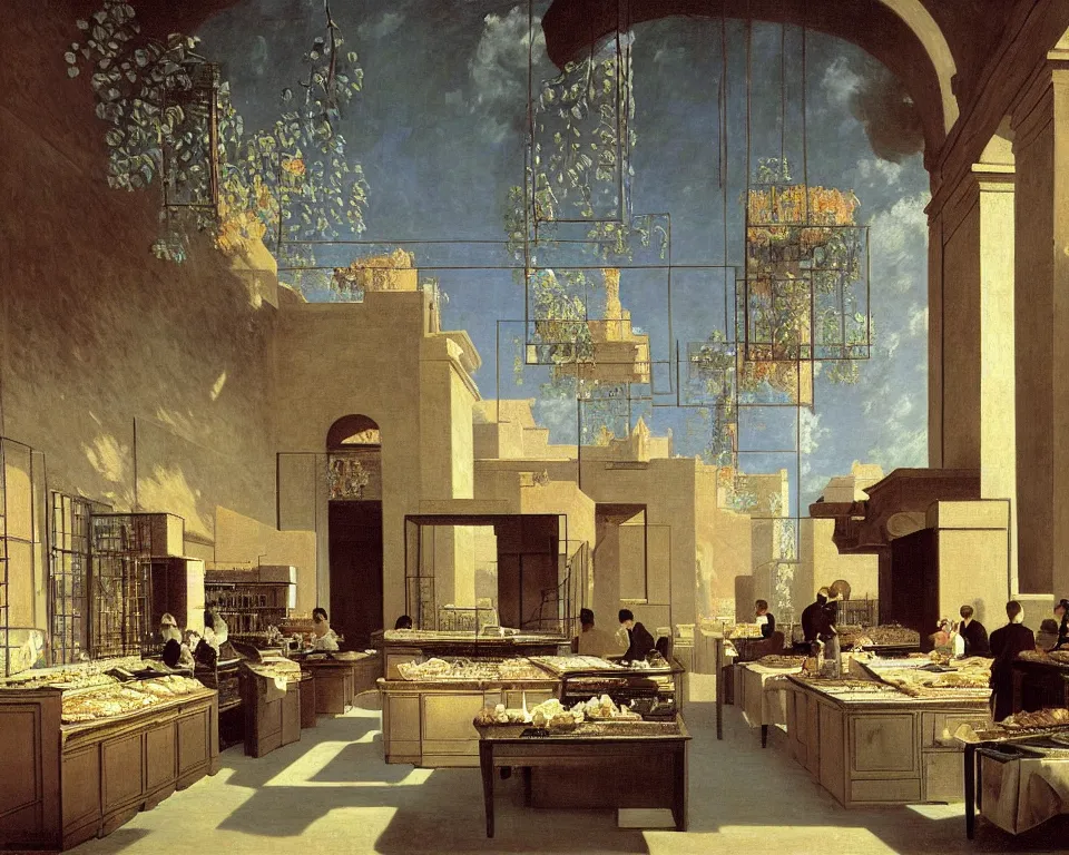 Image similar to achingly beautiful painting of a sophisticated, well - decorated bakery kitchen on a warm background by rene magritte, monet, and turner. giovanni battista piranesi.