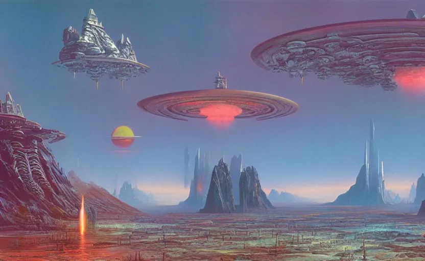 Prompt: photorealistic alien empire atmospheric matte painting by bruce pennington