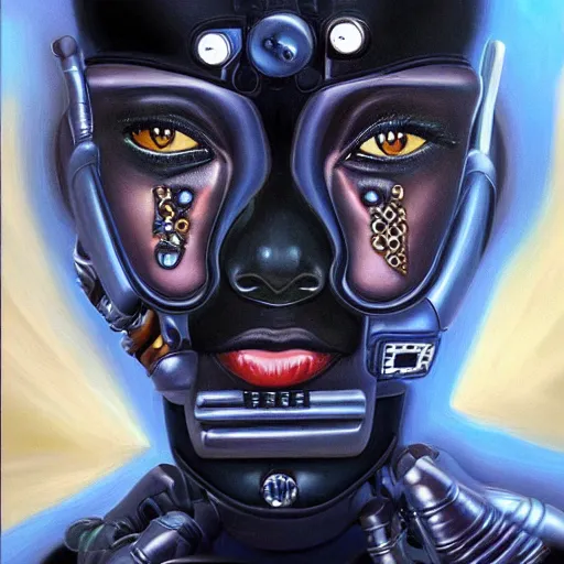 Image similar to a realistic oil painting of a black woman as a cybernetic cyborg, surrealism portrait, surrealism album cover