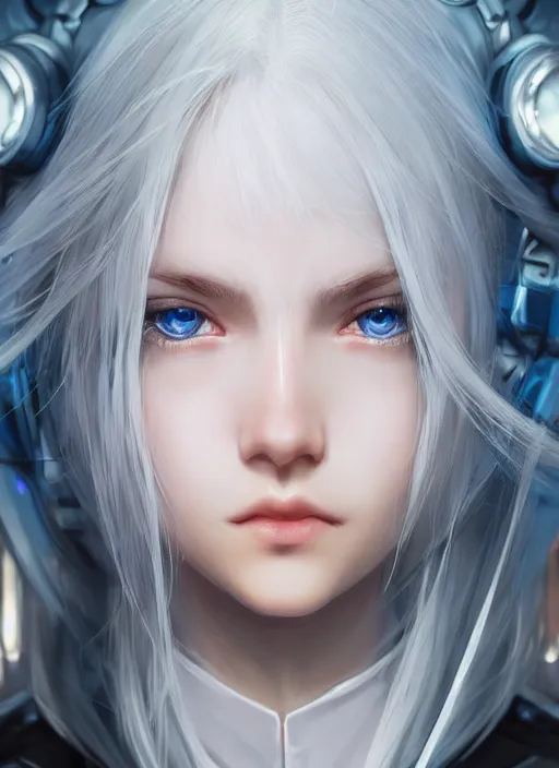 Prompt: detailed portrait of perfect white haired girl, sci - fi, beautiful, pretty face, blue eyes, innocent, scifi, 4 k, sun yunjoo, ultra realistic, highlights, cinematic lighting, highly detailed, sharp focus, artstation, masterpiece, art by hyungjin yang and akihiko yoshida and ruan jia