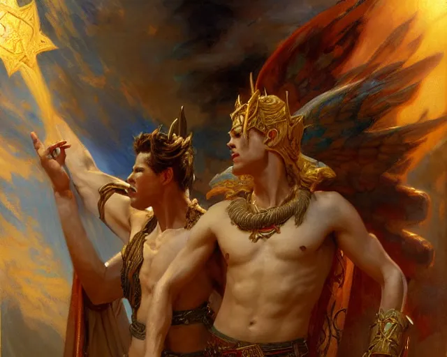 Image similar to attractive pagan male deity, summoning handsome lucifer morning star. highly detailed painting by gaston bussiere, craig mullins, j. c. leyendecker 8 k