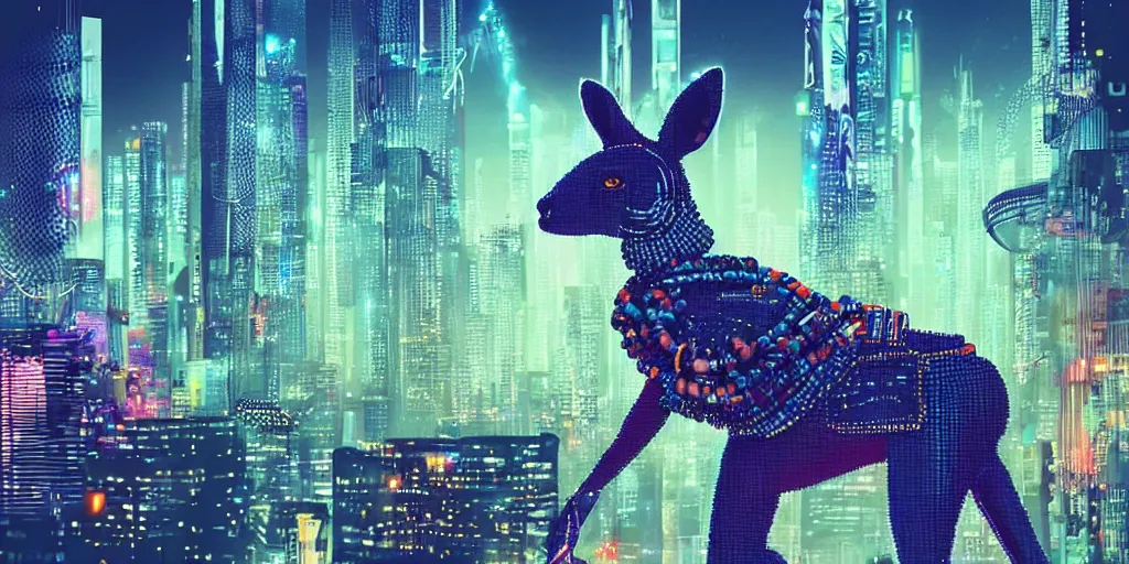 Prompt: a kangaroo wearing a beaded necklace, cyberpunk settings, cityscape, style of artgerm, at night