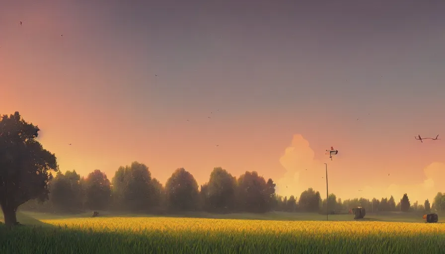 Image similar to colourful sky, wheat field, tractors, big trees, matte painting, art station, digital art, simon stalenhag