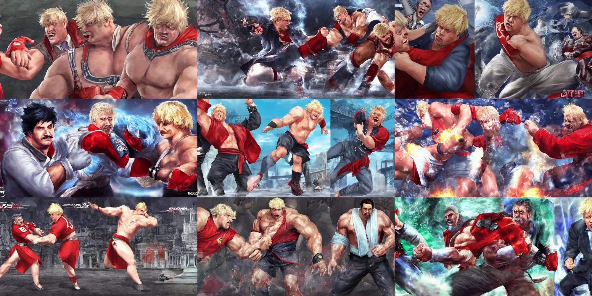 Prompt: boris johnson vs joseph stalin in tekken, big muscles, anime, illustration, hyper realistic